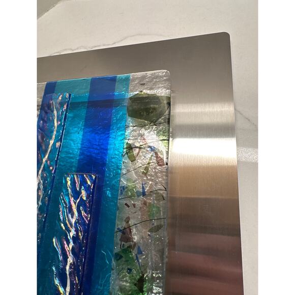 Modern Glass Fusion Original Handmade by Artist 18x10” Art Glass Stainless Steel - Picture 5 of 9